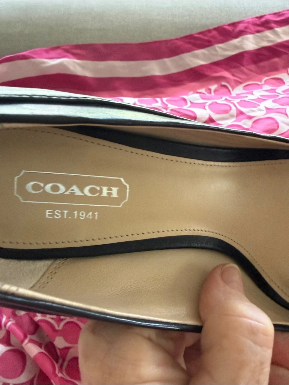 Beautiful  COACH Black Leather wedge shoes with Silver Bow Accent